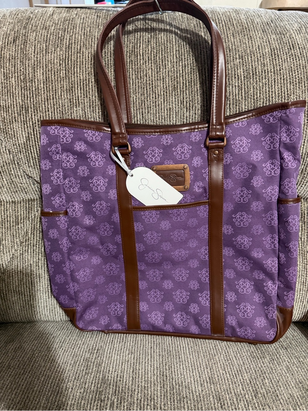 Purple Patterned Tote Bag with Brown Trim